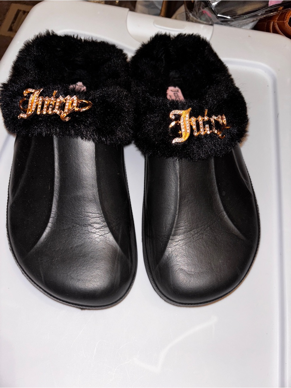 Juicy Couture sz.10 Black Faux Fur Slide Mules w/Gold Logo(fur can be removed)